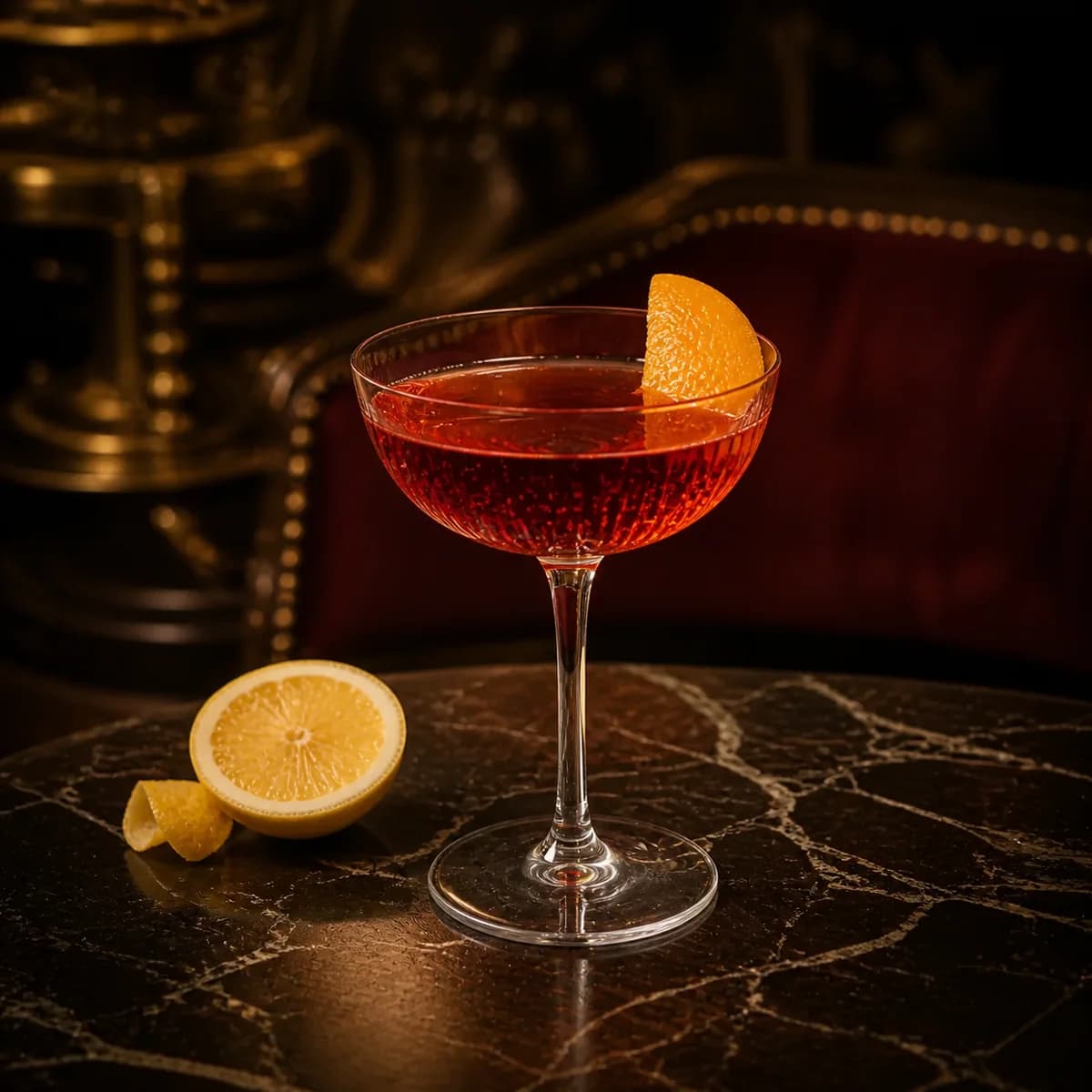 The Ritz in a clear shallow coupe styled in a Belle Époque salon bar with faded burgundy velvet, dark marble and aged brass.