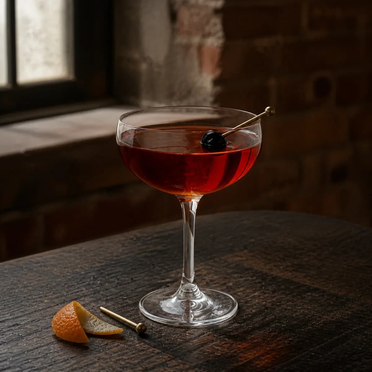 Rob Roy in a clear shallow coupe styled in a refined warehouse tasting bar with rough brick, charred oak and one high factory window.