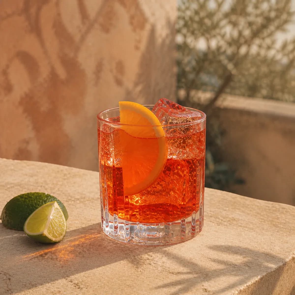 Rome with a View in a heavy low rocks glass styled in an Italian terrace with faded apricot stucco, pale limestone and blurred olive leaves.