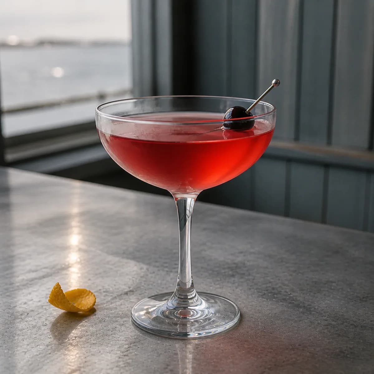 Rose in a clear shallow coupe styled in a coastal brasserie bar with weathered blue-gray paneling, zinc counter and hazy sea light.