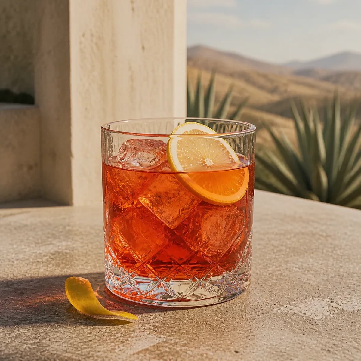 Rosita in a heavy low rocks glass styled in an agave-country rooftop bar with pale volcanic stone, limewashed wall and distant dusty hills.