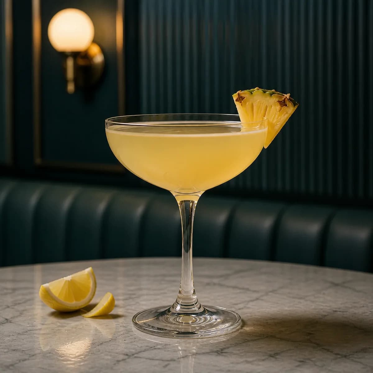Royal Hawaiian in a clear shallow coupe styled in a cool Art Deco hotel bar with smoky teal fluting, pale gray marble and one asymmetric opal sconce.