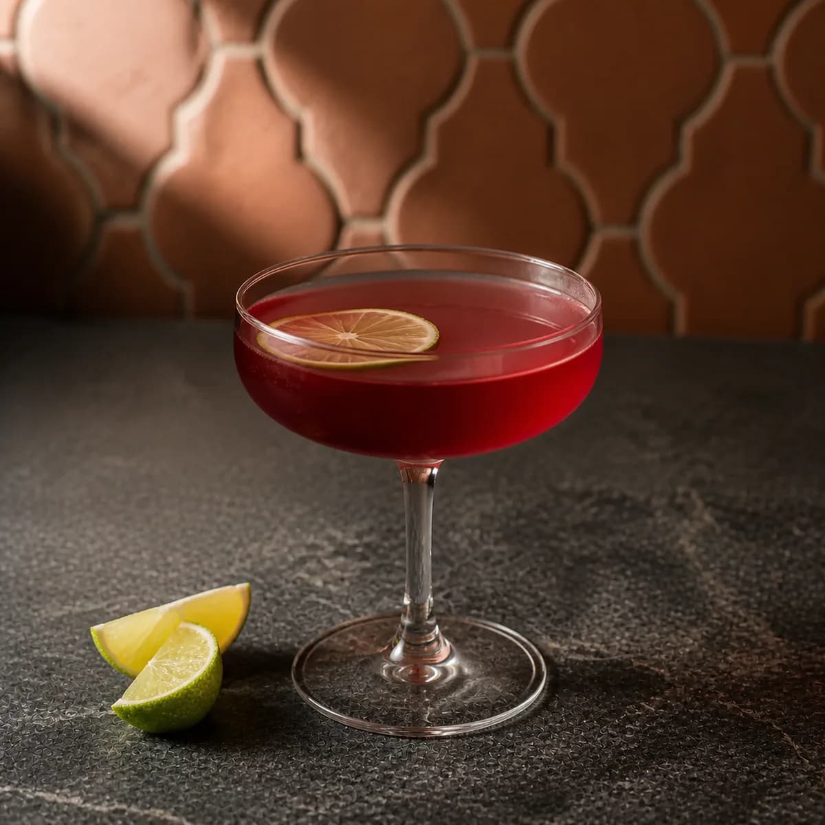 Rude Cosmopolitan in a clear shallow coupe styled in a contemporary cantina with handmade terracotta zellige, imperfect grout and matte charcoal soapstone.