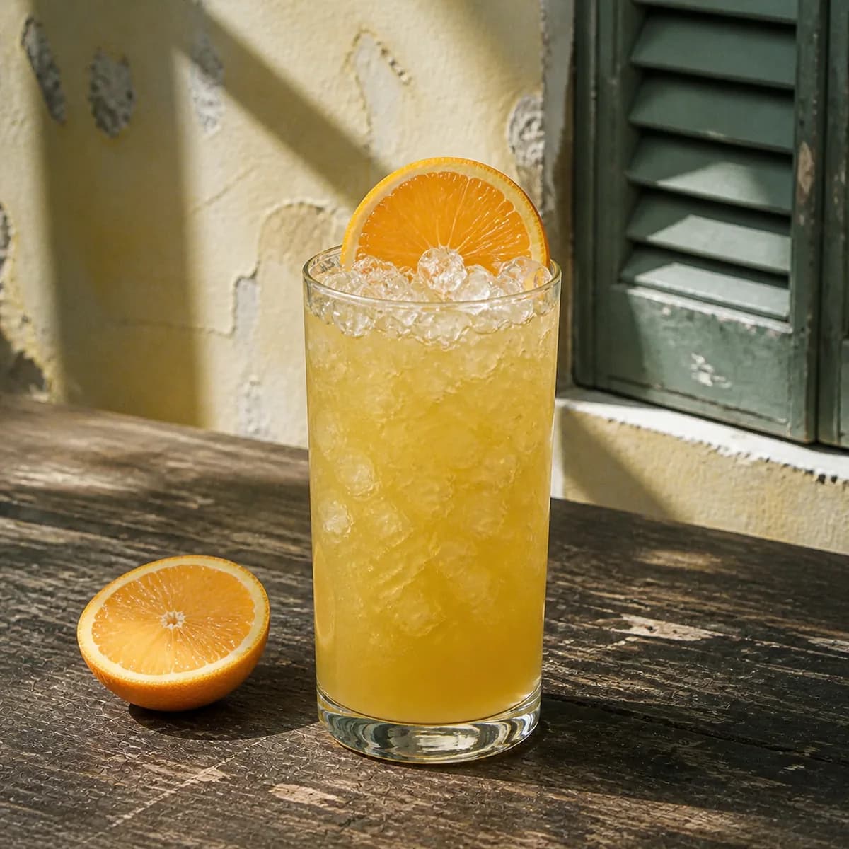 Rum Cobbler in a tall straight-sided highball glass styled in a lived-in Cuban veranda with aged mineral plaster, a soft off-centre shutter and worn dark wood.