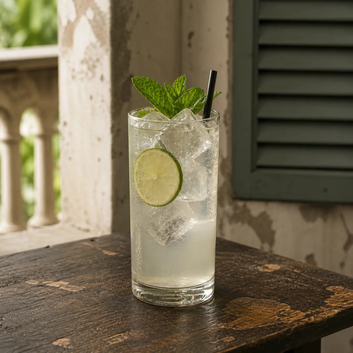 Rum Collins in a tall straight-sided highball glass styled in a lived-in Cuban veranda with aged mineral plaster, a soft off-centre shutter and worn dark wood.