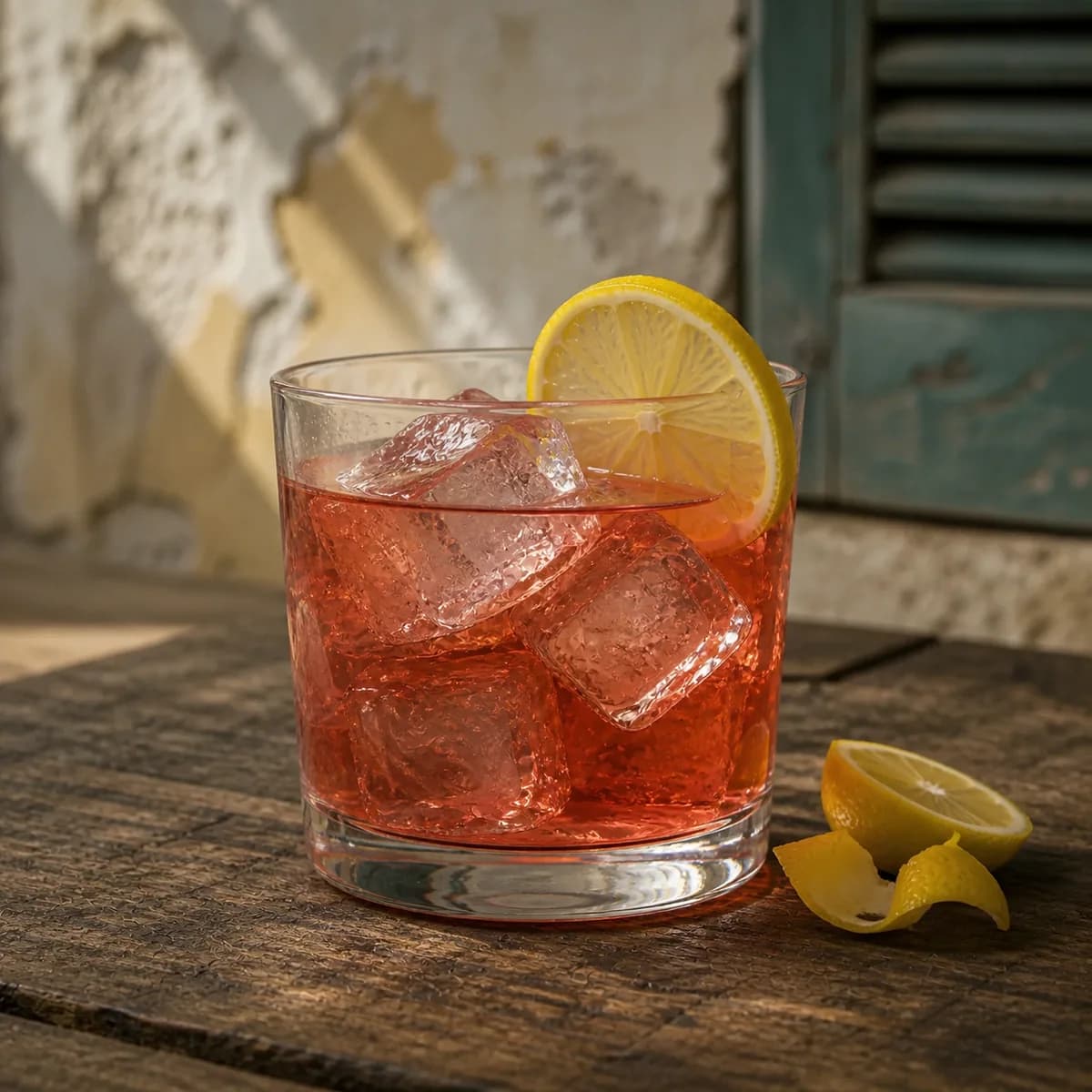 Rum Daisy in a heavy low rocks glass styled in a lived-in Cuban veranda with aged mineral plaster, a soft off-centre shutter and worn dark wood.