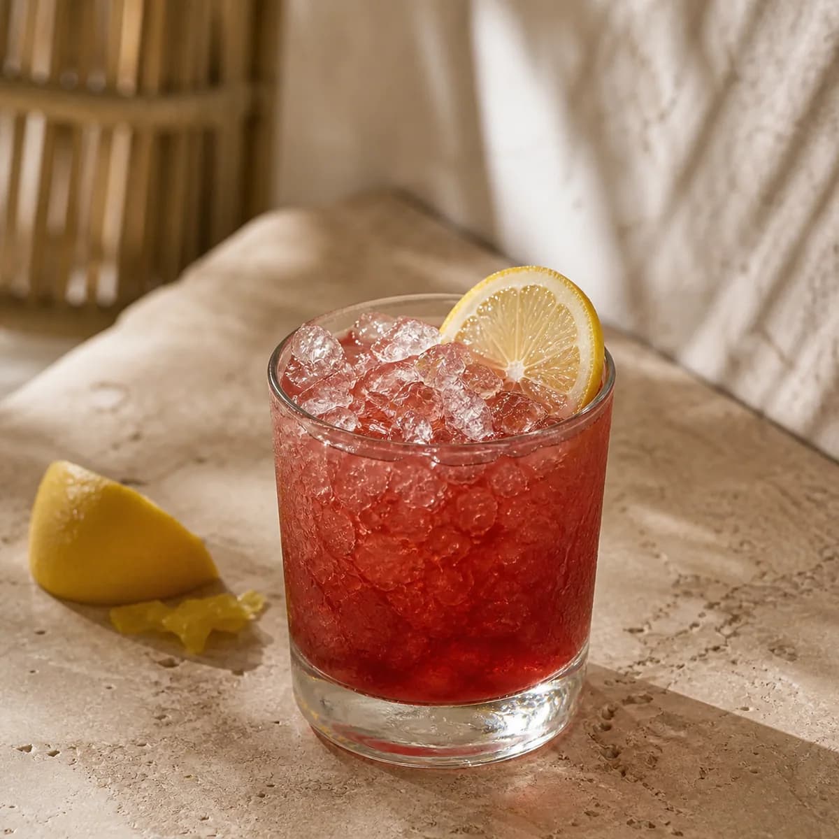 Rum Fix in a heavy low rocks glass styled in an airy tropical hotel bar with irregular off-white plaster, rattan shadow and honey limestone.