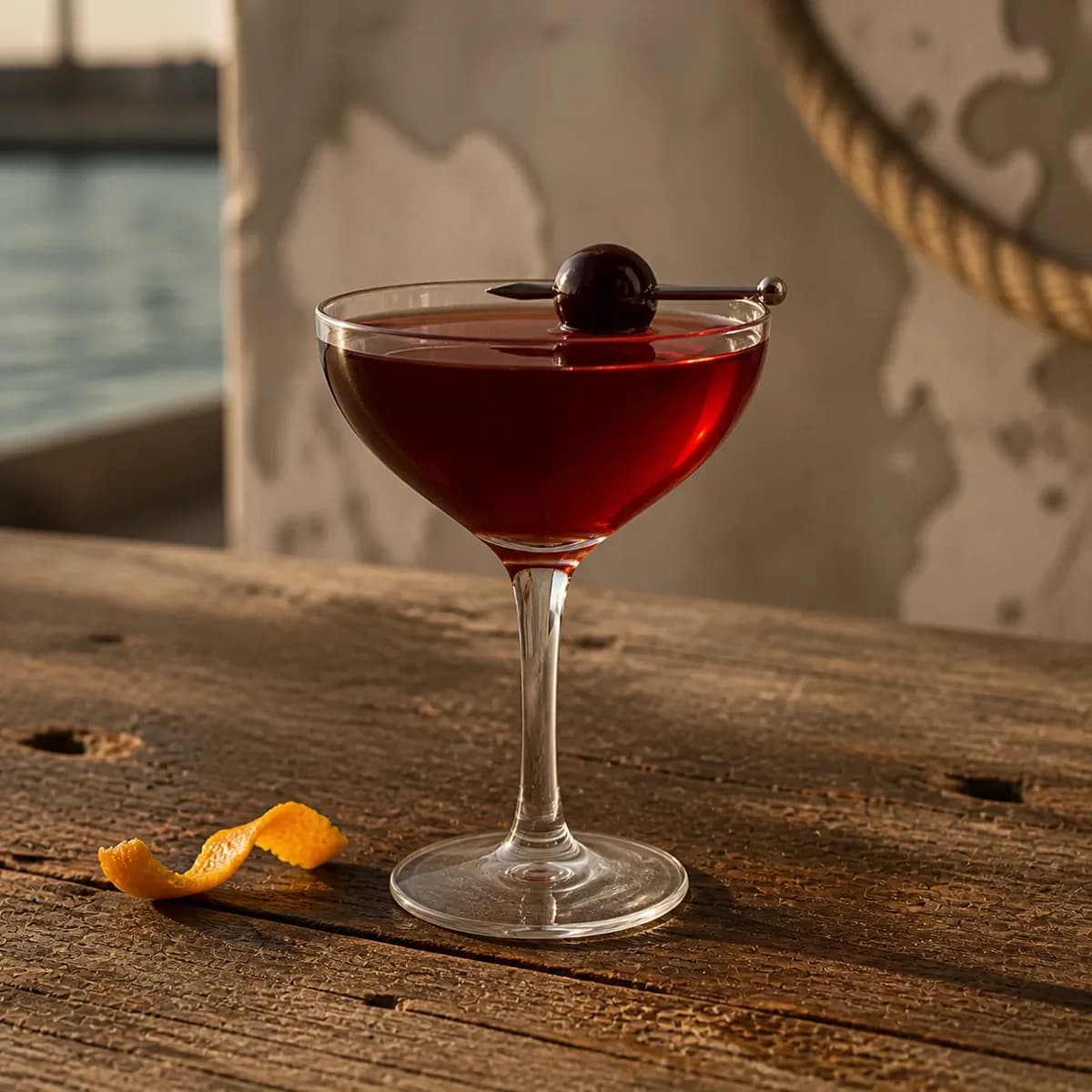 Rum Manhattan in a clear shallow coupe styled in a quiet harbor rum bar with salt-worn timber, limewashed walls and one blurred rope detail.