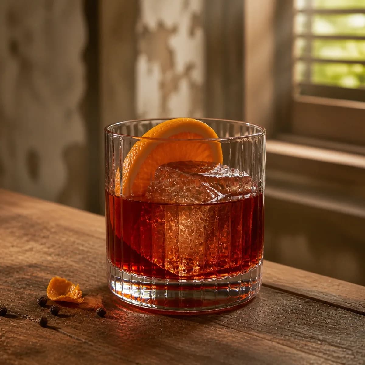 Rum Old Fashioned in a heavy low rocks glass styled in an old cane-house bar with pale rough plaster, honeyed wood and a distant slatted window.