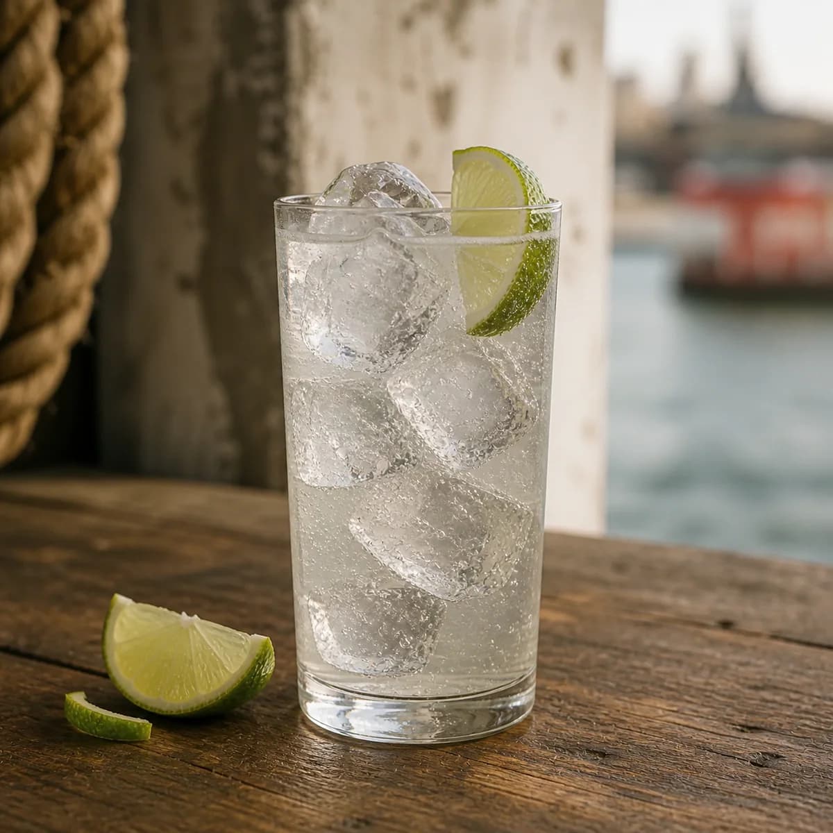 Rum Rickey in a tall straight-sided highball glass styled in a quiet harbor rum bar with salt-worn timber, limewashed walls and one blurred rope detail.