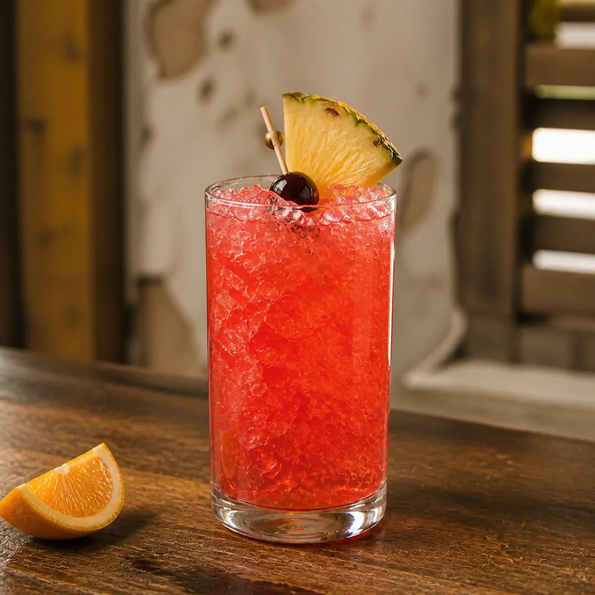 Rum Runner in a tall straight-sided highball glass styled in an old cane-house bar with pale rough plaster, honeyed wood and a distant slatted window.