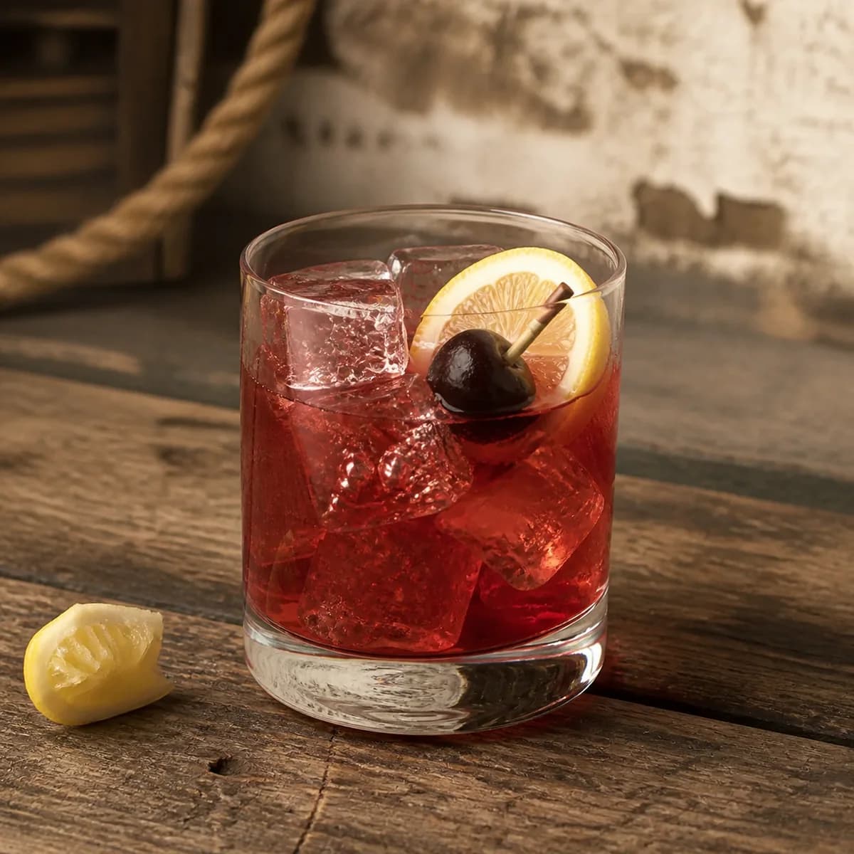 Rum Sour in a heavy low rocks glass styled in a quiet harbor rum bar with salt-worn timber, limewashed walls and one blurred rope detail.
