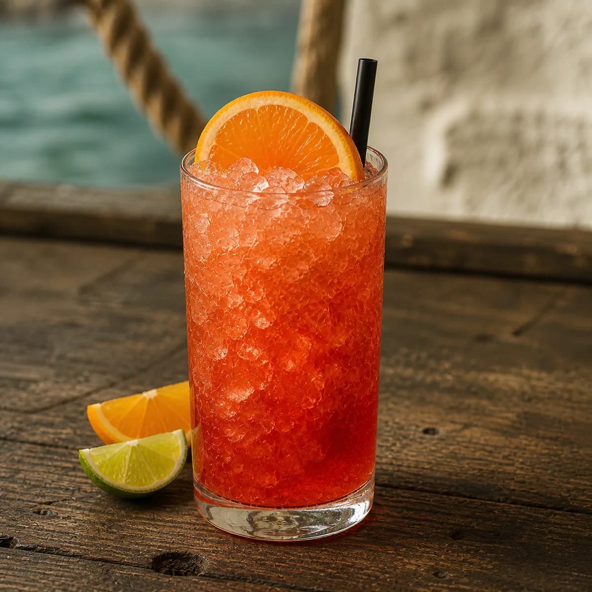 Bermuda Rum Swizzle in a tall straight-sided highball glass styled in a quiet harbor rum bar with salt-worn timber, limewashed walls and one blurred rope detail.