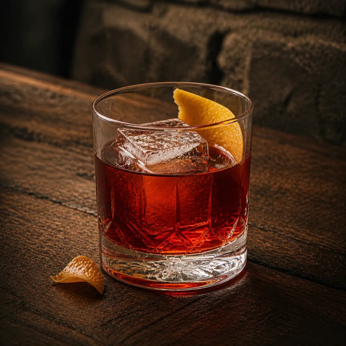 Rusty Nail in a heavy low rocks glass styled in a mountain lodge bar with timeworn oak, dark wool and rough local stone.