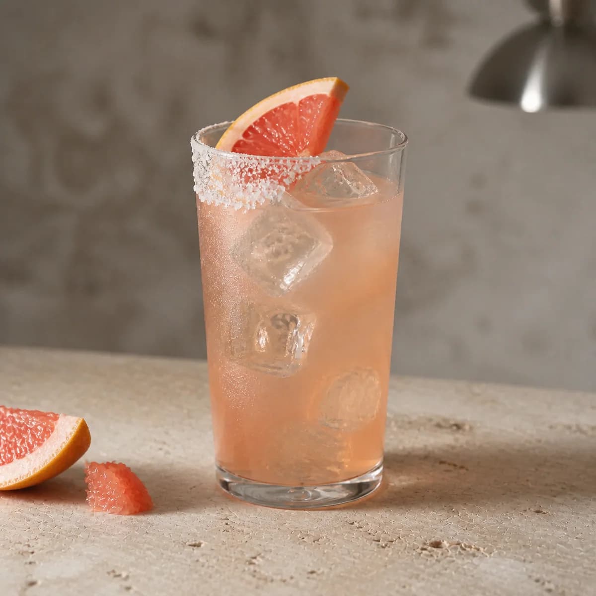Salty Dog in a tall straight-sided highball glass styled in a quiet minimalist bar with chalky gray plaster, pale travertine and one off-centre chrome light.