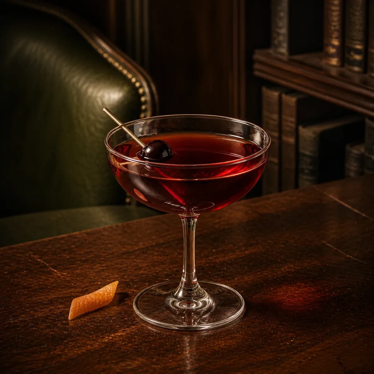 Saratoga in a clear shallow coupe styled in a private library bar with deep olive leather, natural creases, off-centre seams and aged walnut.