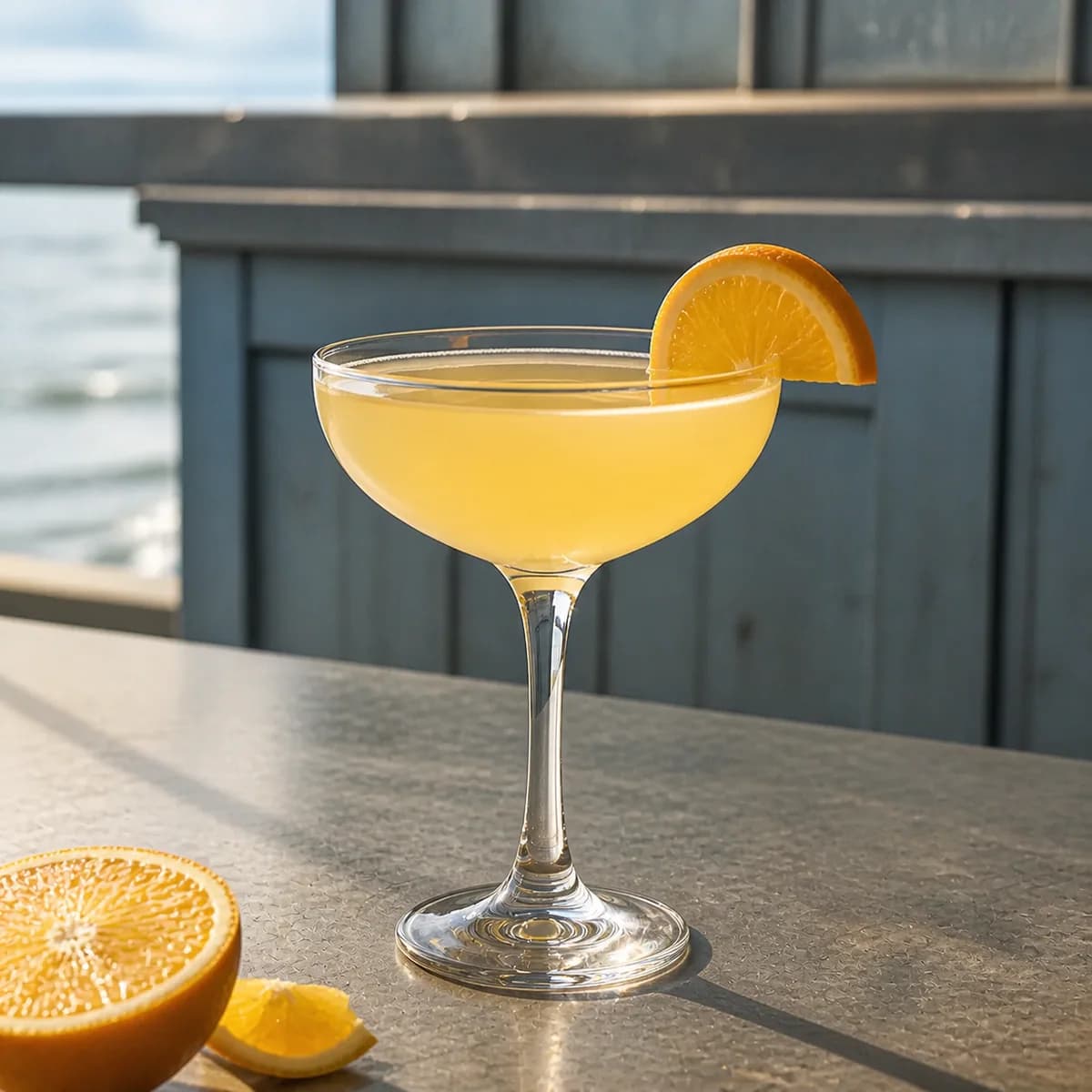 Satan's Whiskers in a clear shallow coupe styled in a coastal brasserie bar with weathered blue-gray paneling, zinc counter and hazy sea light.