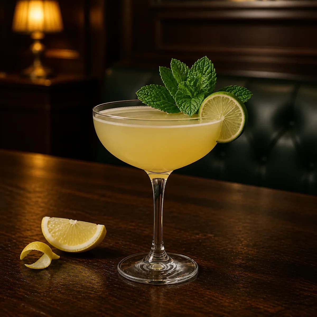 Saturn in a clear shallow coupe styled in a quiet old hotel bar with sage leather, dark oak and one shaded brass lamp.