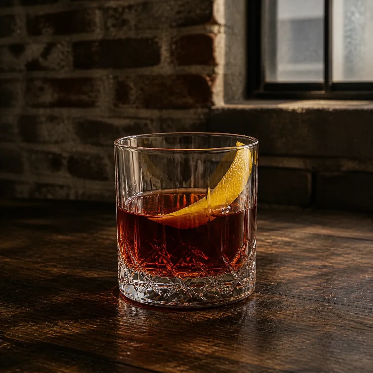 Sazerac in a heavy low rocks glass styled in a refined warehouse tasting bar with rough brick, charred oak and one high factory window.
