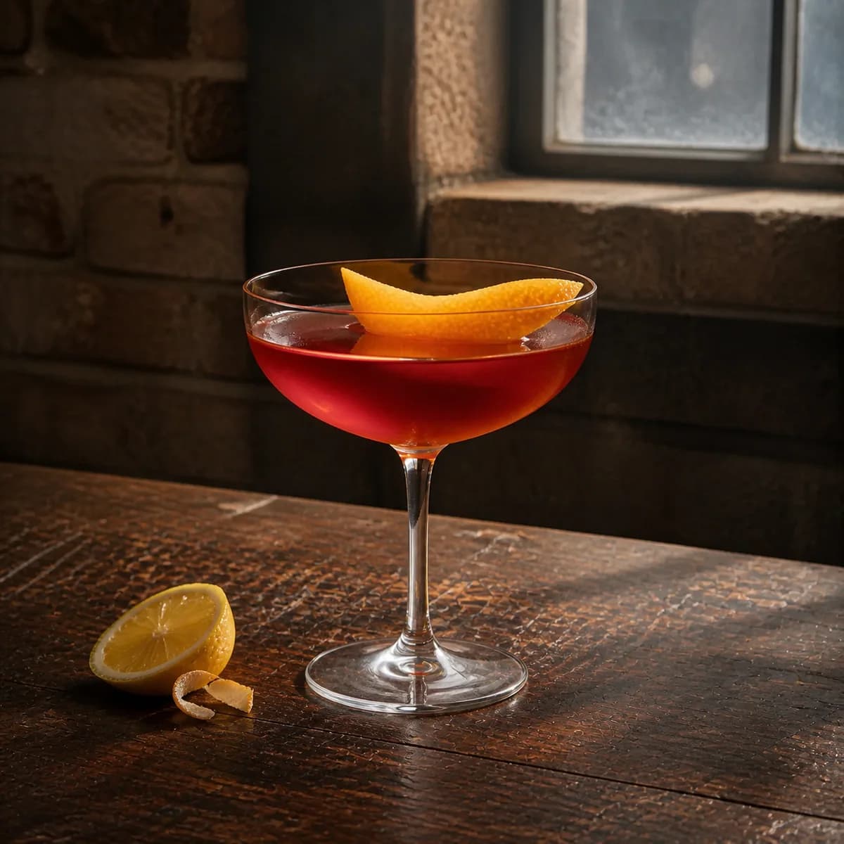 Scofflaw in a clear shallow coupe styled in a refined warehouse tasting bar with rough brick, charred oak and one high factory window.
