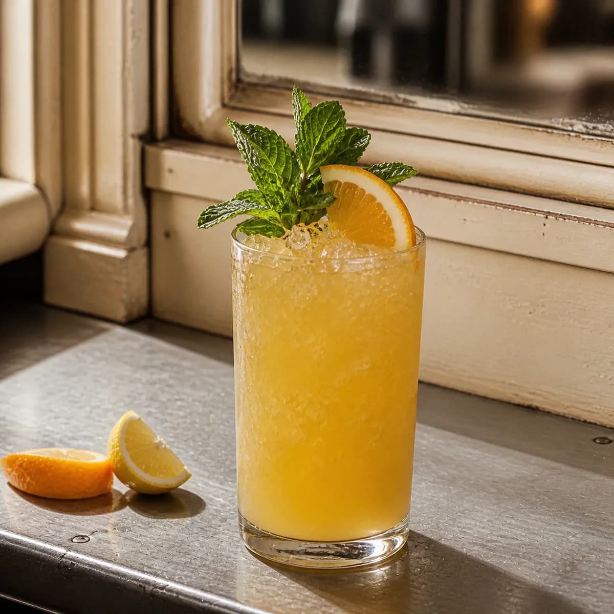 Scorpion in a tall straight-sided highball glass styled in a small French café bar with aged mirror, zinc counter and cream-painted wood.