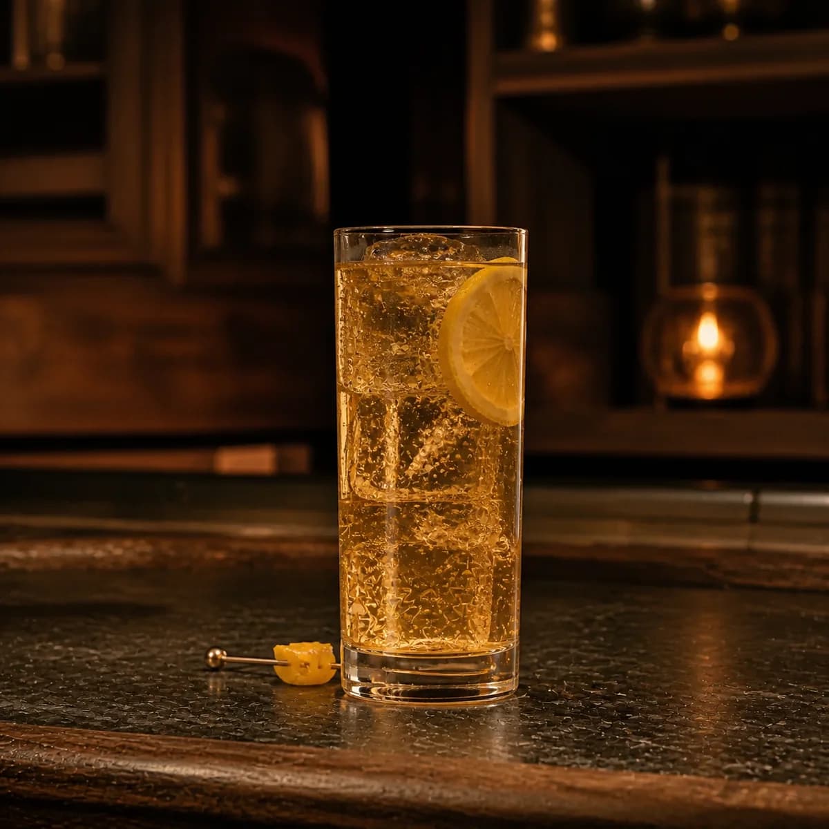 Scotch and Soda in a tall straight-sided highball glass styled in a neighborhood speakeasy with irregular dark-walnut shelves and worn black soapstone.