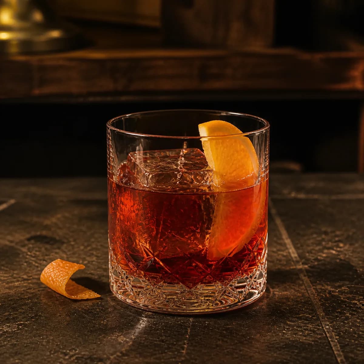 Scotch Old Fashioned in a heavy low rocks glass styled in a neighborhood speakeasy with irregular dark-walnut shelves and worn black soapstone.