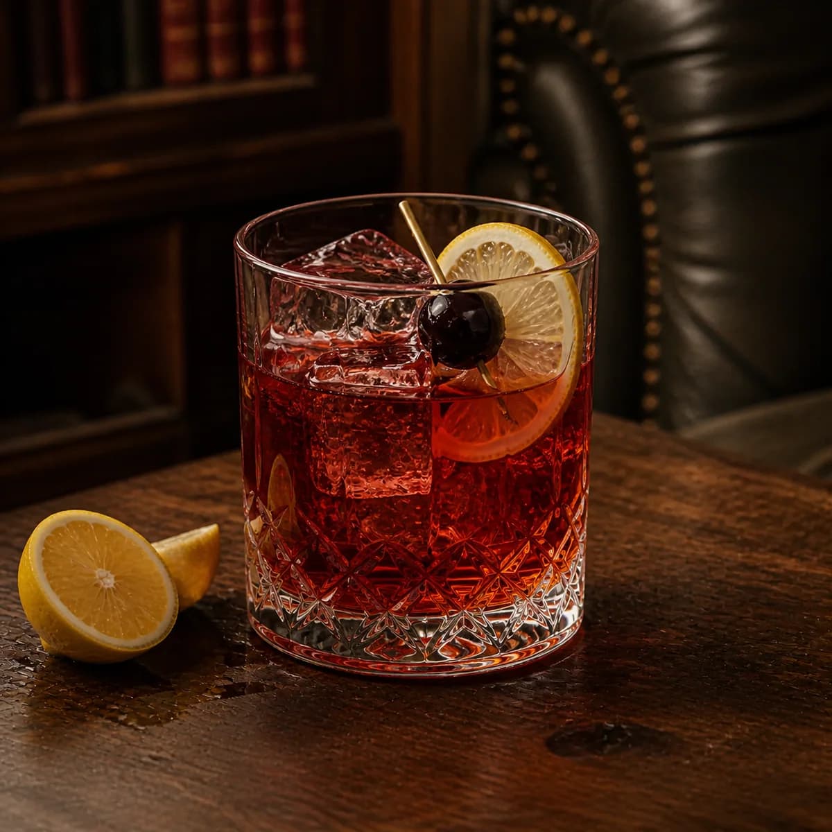 Scotch Sour in a heavy low rocks glass styled in a private library bar with deep olive leather, natural creases, off-centre seams and aged walnut.