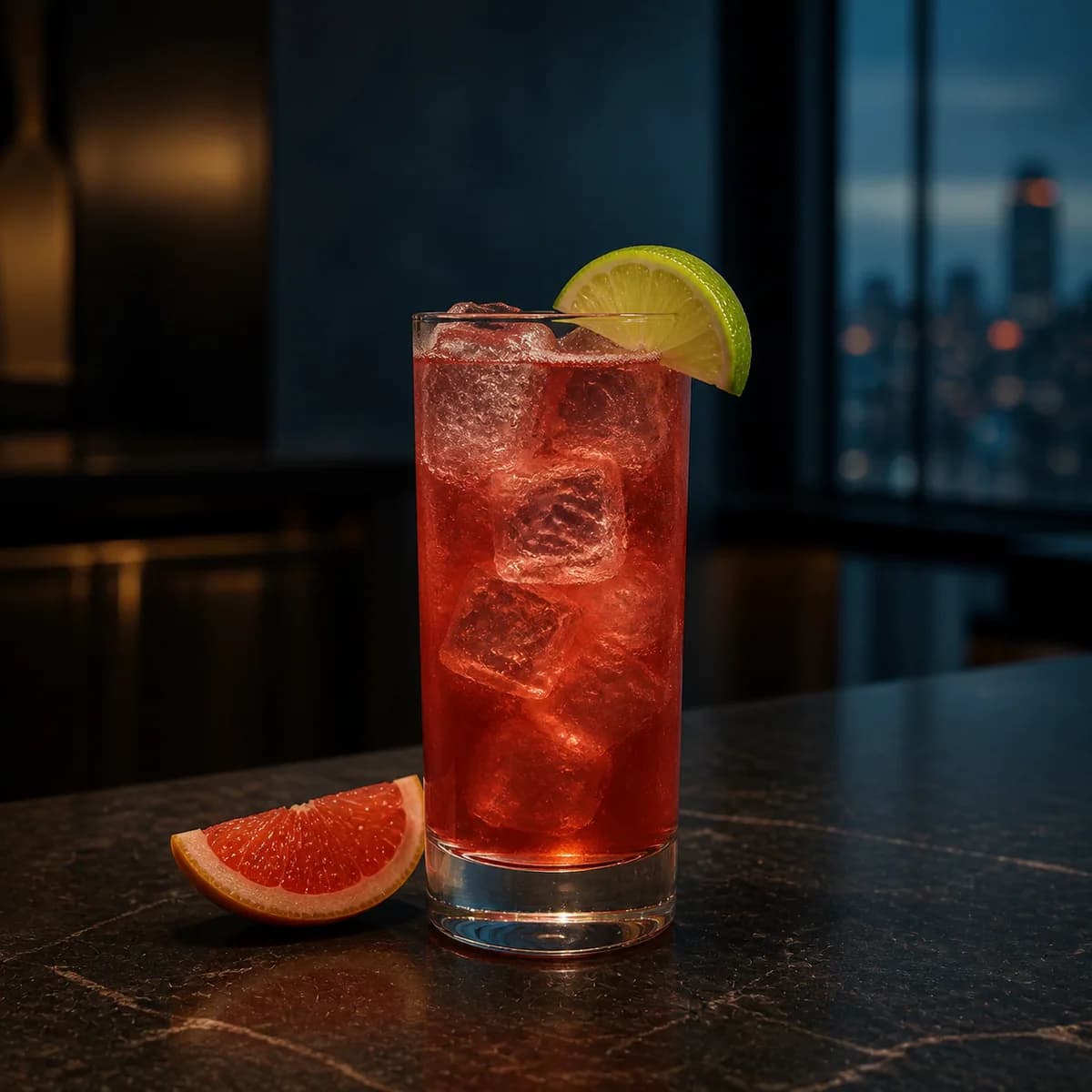 Sea Breeze in a tall straight-sided highball glass styled in a contemporary city hotel bar with smoked navy walls, honed stone and distant window reflections.