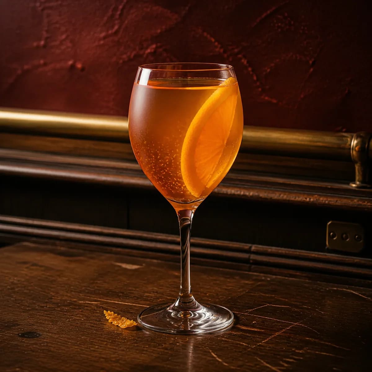 Seelbach in a large stemmed balloon wine glass styled in a small jazz bar with oxblood plaster, old brass trim and scratched dark wood.