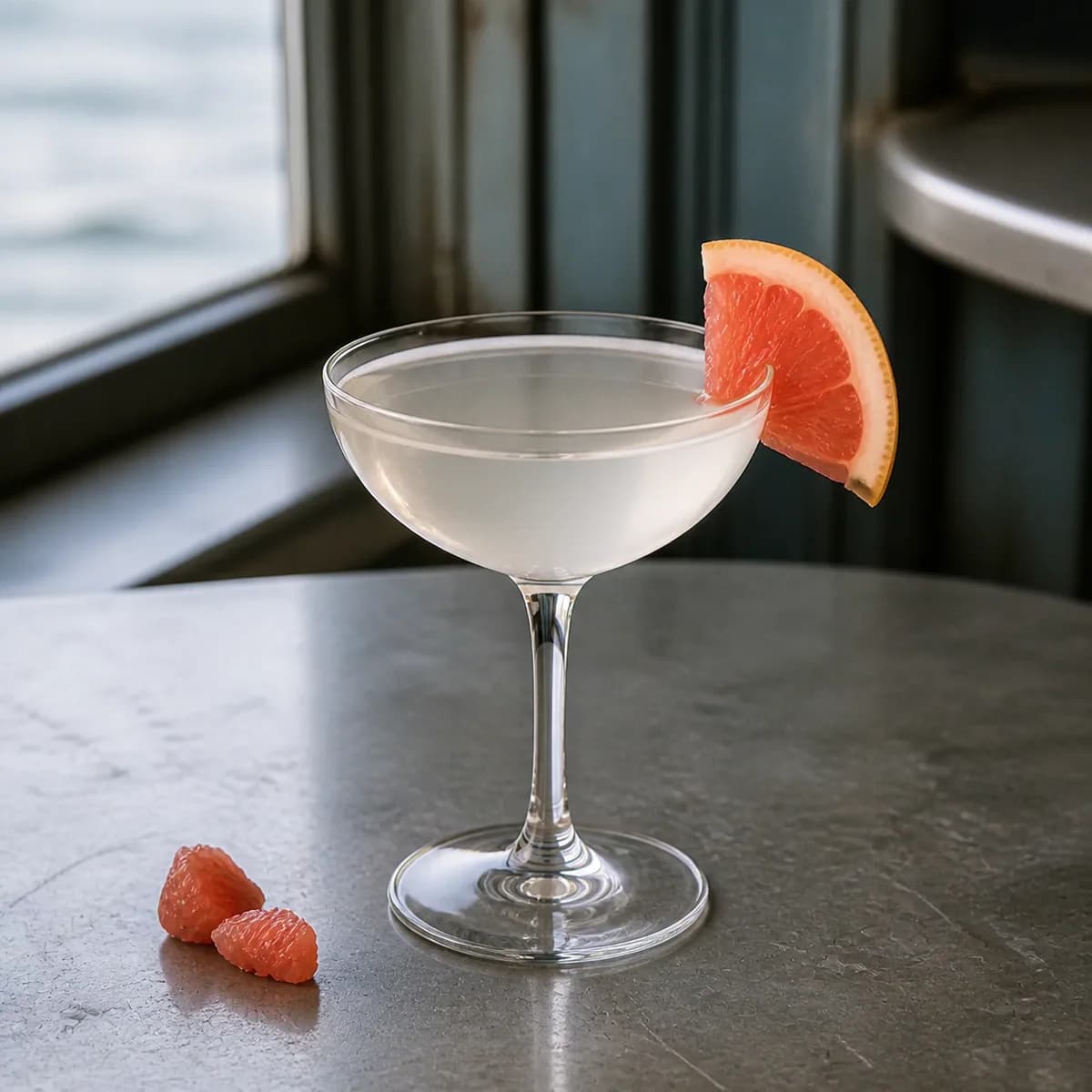 Seventh Heaven in a clear shallow coupe styled in a coastal brasserie bar with weathered blue-gray paneling, zinc counter and hazy sea light.