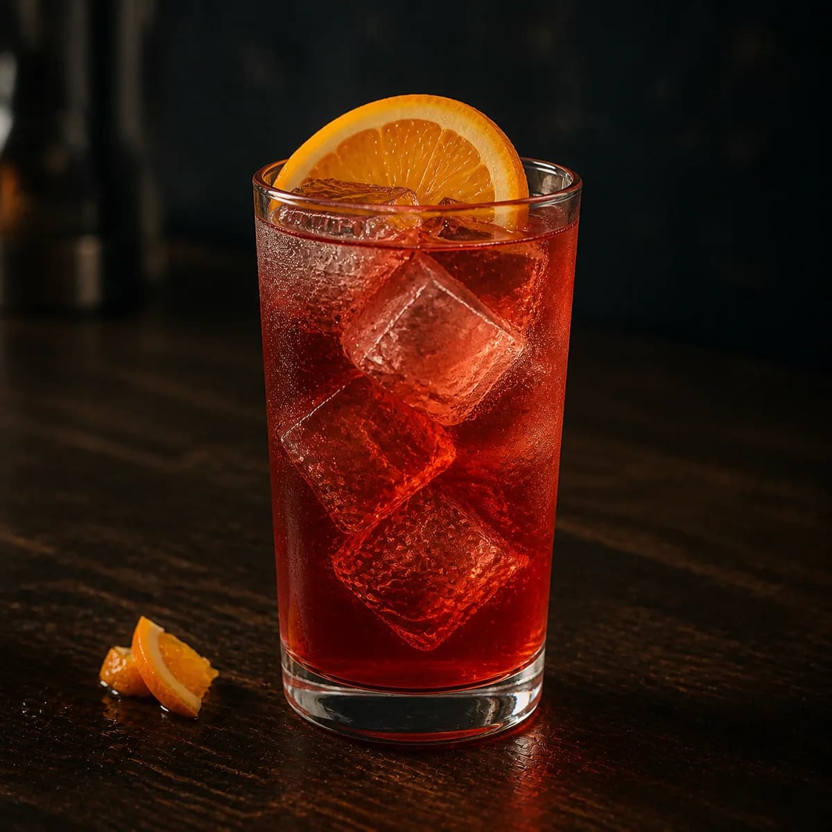Sex on the Beach in a tall straight-sided highball glass styled in a late-night espresso bar with smoky navy limewash, scratched dark oak and restrained chrome highlights.