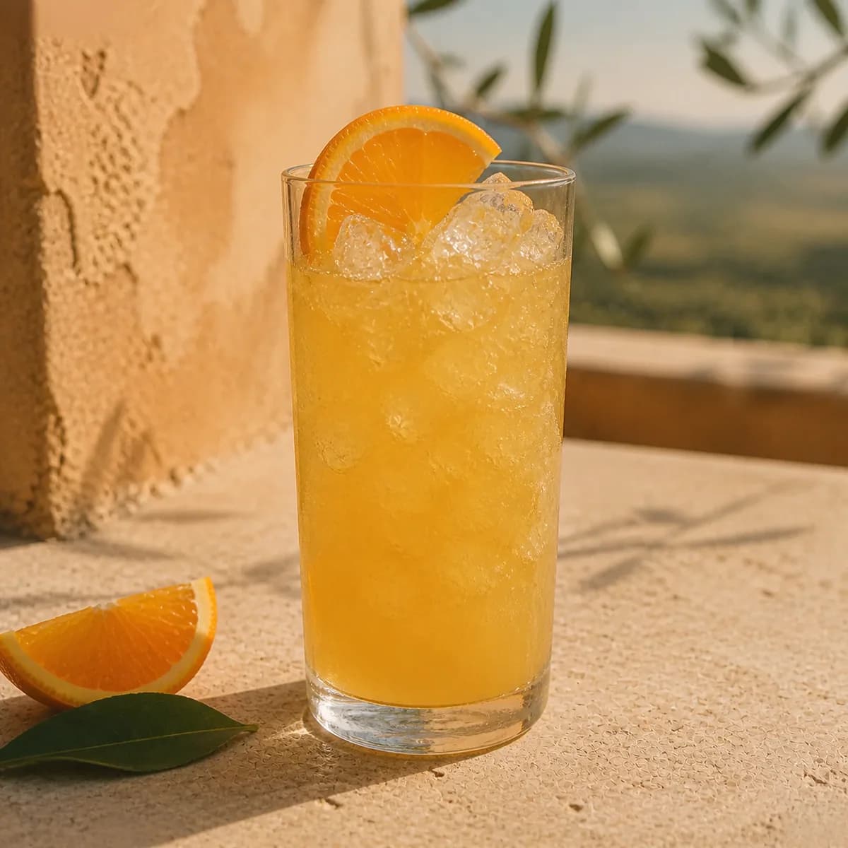 Sherry Cobbler in a tall straight-sided highball glass styled in an Italian terrace with faded apricot stucco, pale limestone and blurred olive leaves.