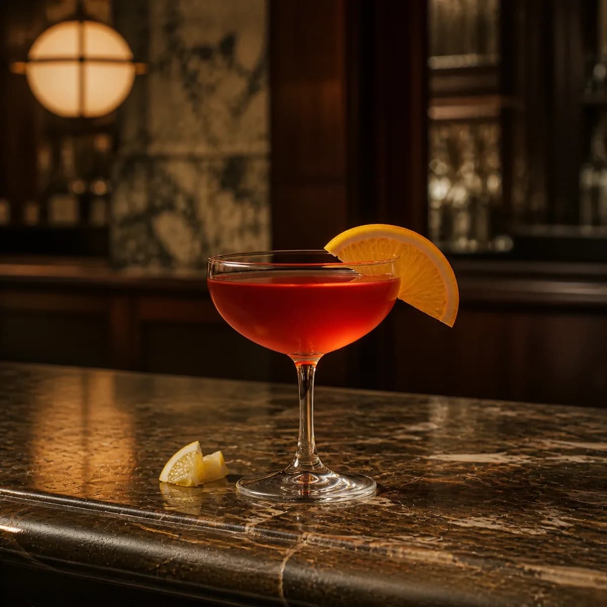 Sidecar in a clear shallow coupe styled in a grand but lived-in hotel bar with veined stone, dark cherry wood and an opal pendant.