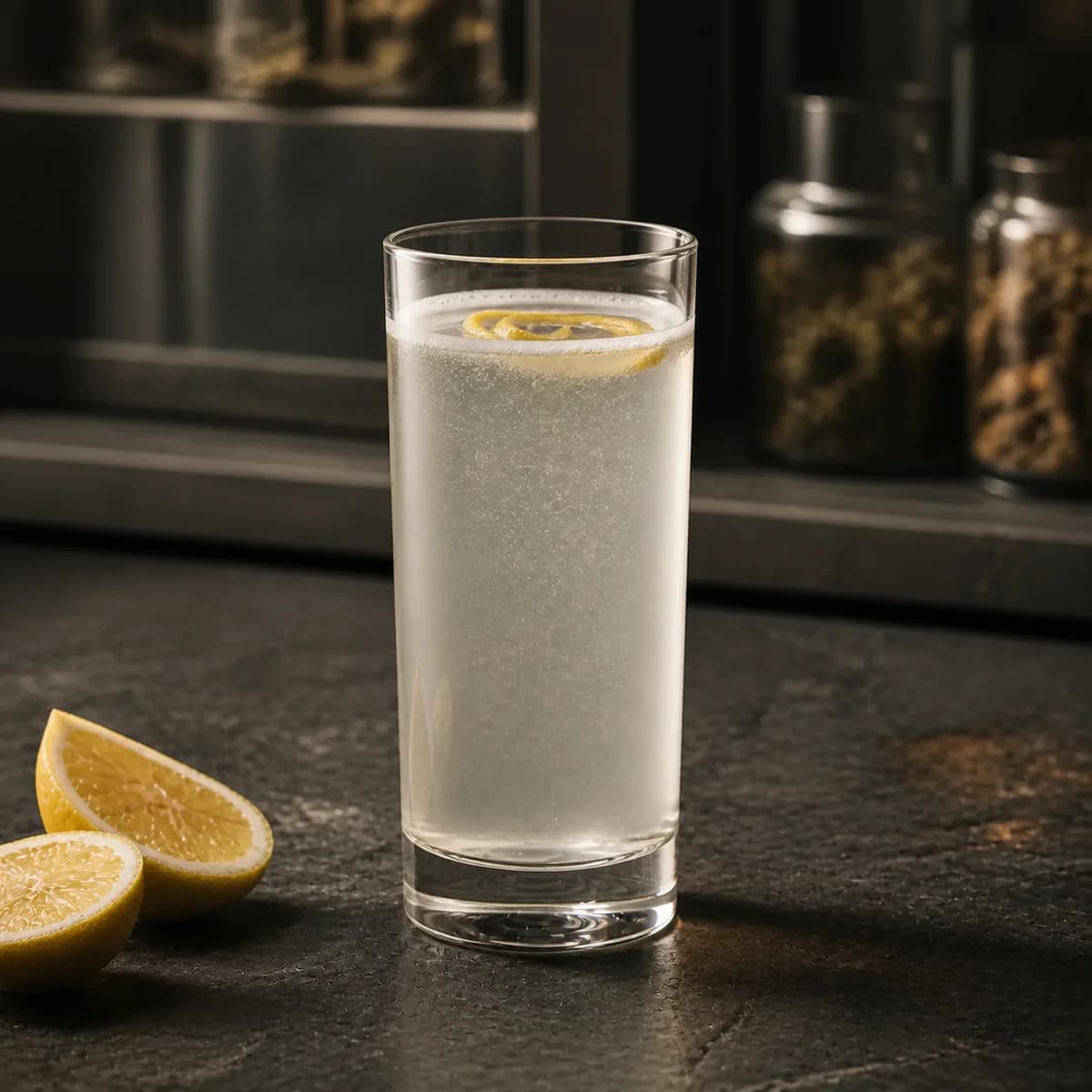 Silver Fizz in a tall straight-sided highball glass styled in a modern apothecary-style bar with charcoal slate, smoked glass and unlabeled botanical jars in blur.