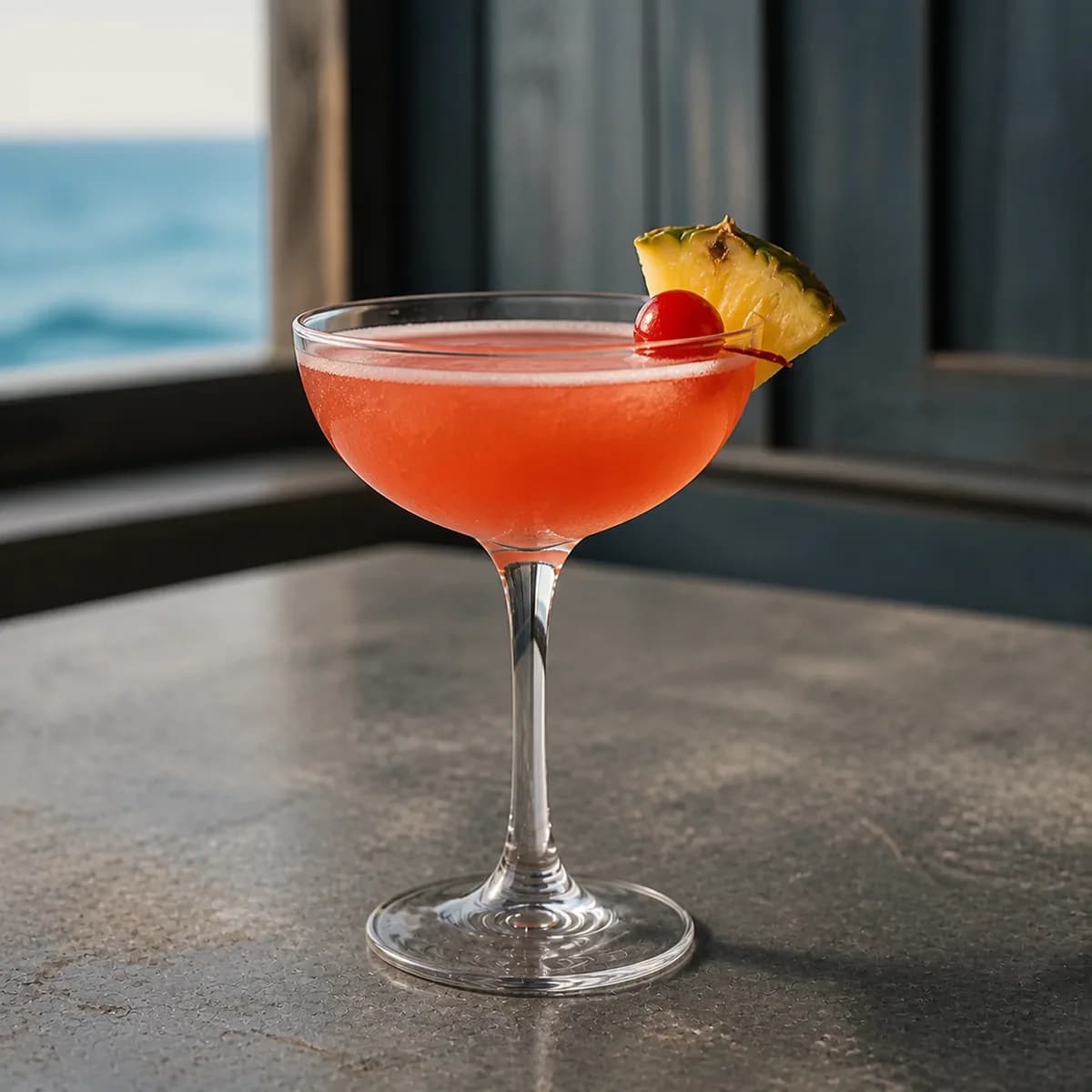 Singapore Sling in a curved hurricane glass styled in a coastal brasserie bar with weathered blue-gray paneling, zinc counter and hazy sea light.