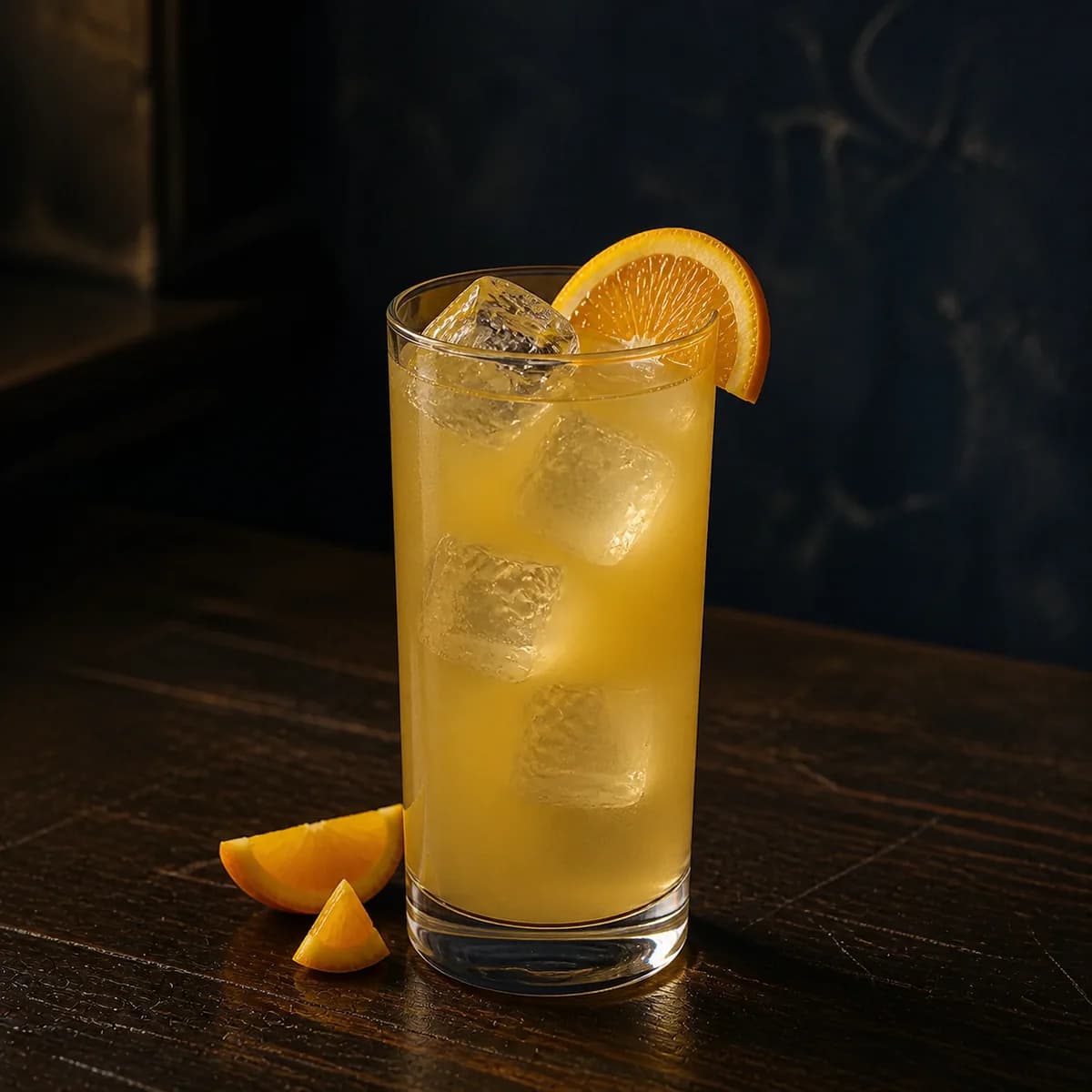 Sloe Comfortable Screw in a tall straight-sided highball glass styled in a late-night espresso bar with smoky navy limewash, scratched dark oak and restrained chrome highlights.