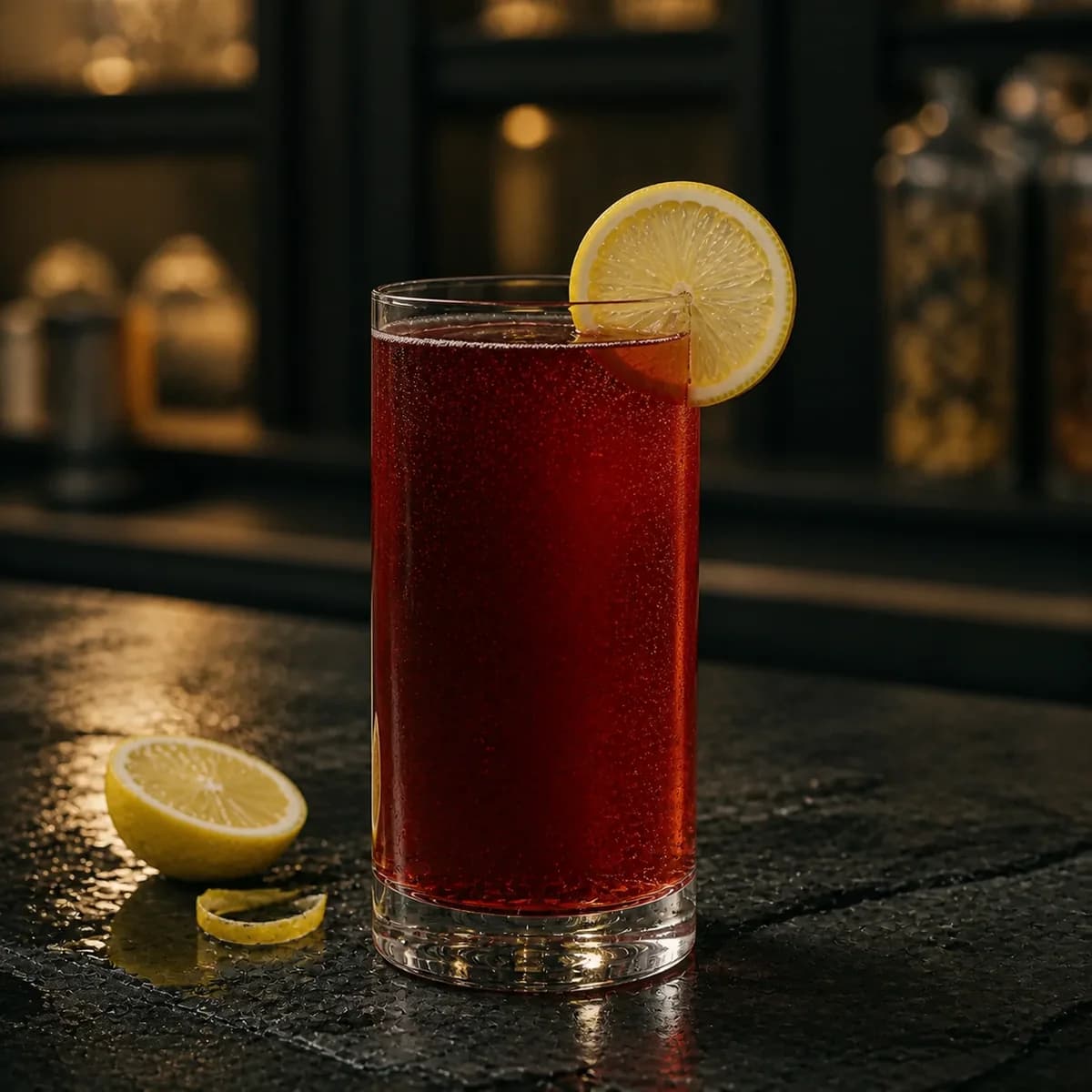 Sloe Gin Fizz in a tall straight-sided highball glass styled in a modern apothecary-style bar with charcoal slate, smoked glass and unlabeled botanical jars in blur.