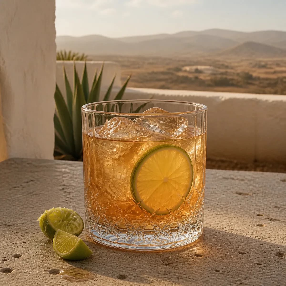 Sloe Tequila in a heavy low rocks glass styled in an agave-country rooftop bar with pale volcanic stone, limewashed wall and distant dusty hills.
