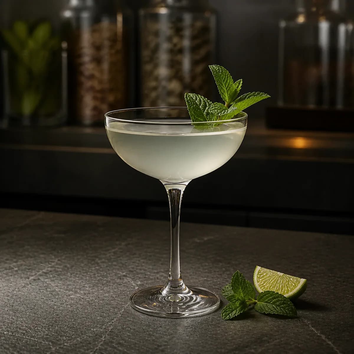 Southside in a clear shallow coupe styled in a modern apothecary-style bar with charcoal slate, smoked glass and unlabeled botanical jars in blur.