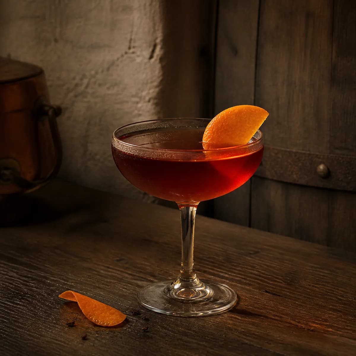Star Cocktail in a clear shallow coupe styled in an intimate cellar salon with limewashed masonry, old oak and tarnished copper.