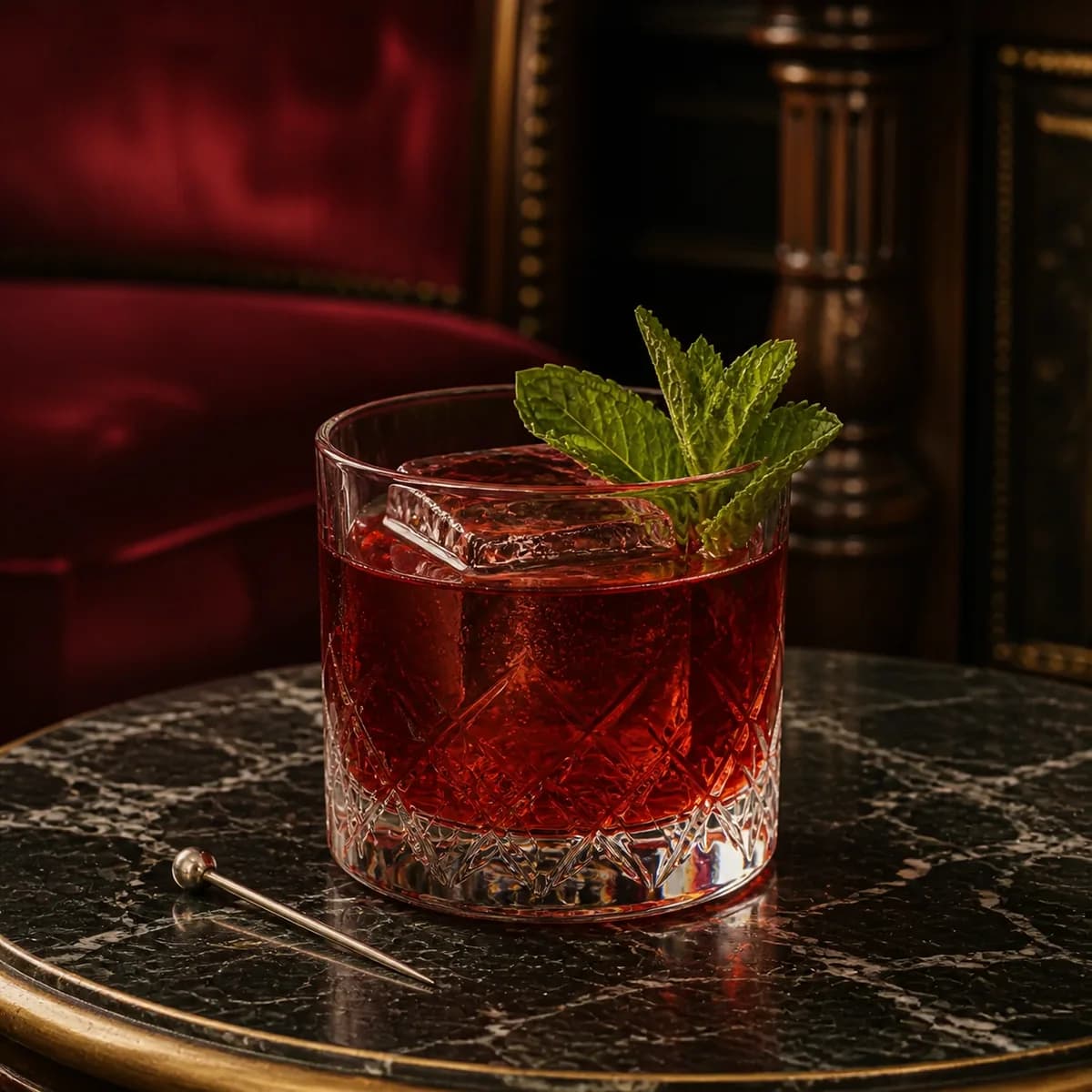 Stinger in a heavy low rocks glass styled in a Belle Époque salon bar with faded burgundy velvet, dark marble and aged brass.