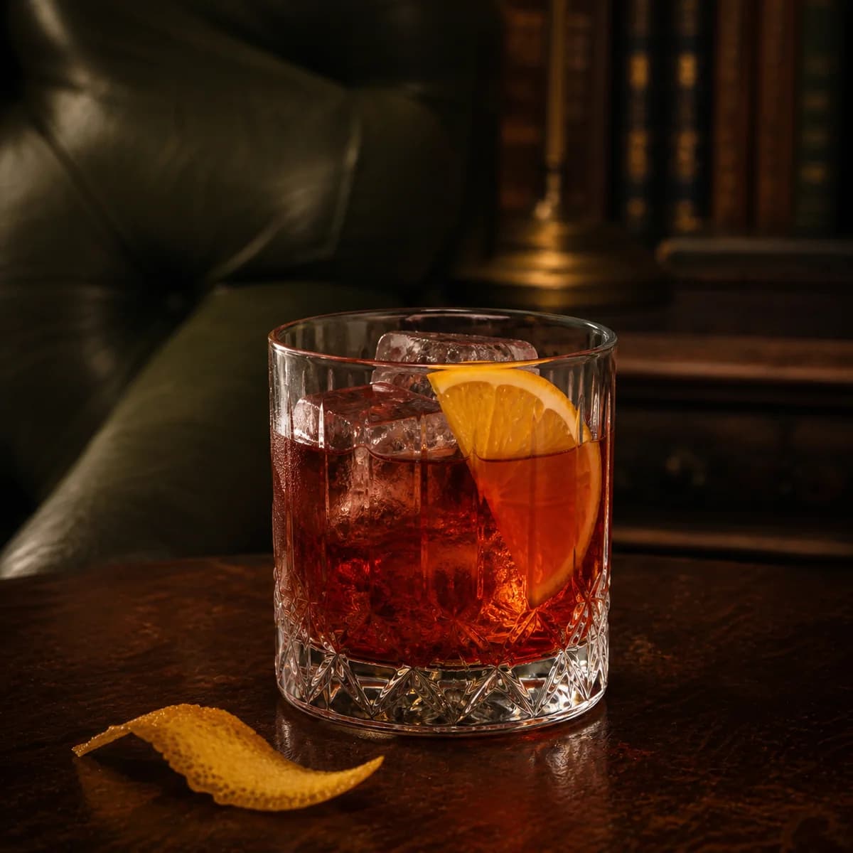 Suburban in a heavy low rocks glass styled in a private library bar with deep olive leather, natural creases, off-centre seams and aged walnut.