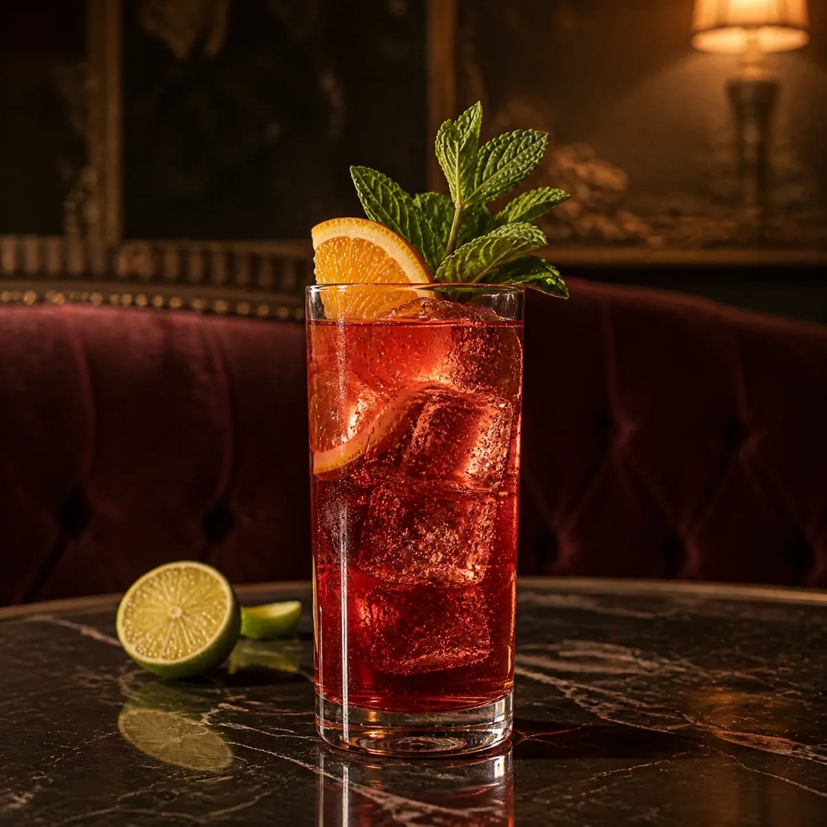 Suffering Bastard in a tall straight-sided highball glass styled in a Belle Époque salon bar with faded burgundy velvet, dark marble and aged brass.