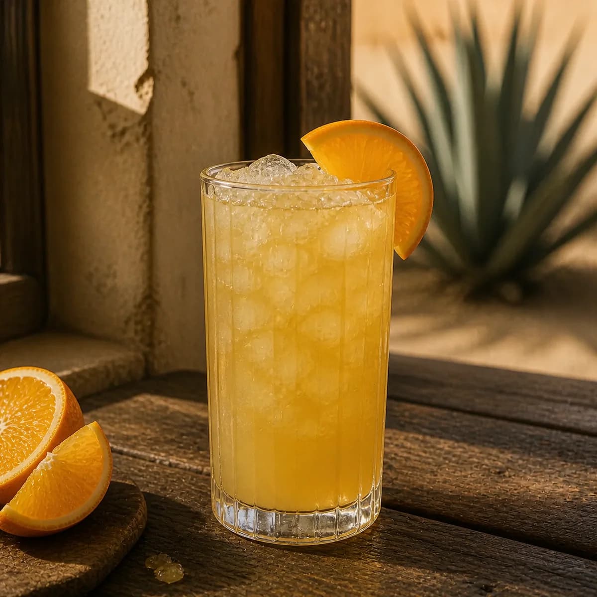 Tequila Cobbler in a tall straight-sided highball glass styled in a desert lodge bar with chalky adobe, worn mesquite and a blurred agave silhouette.