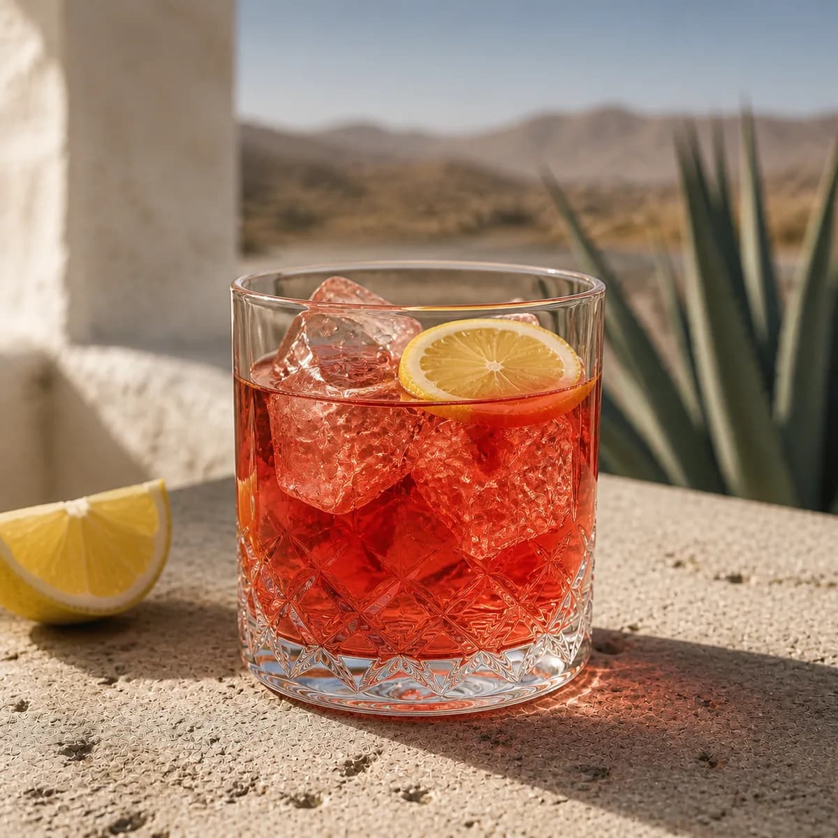 Tequila Daisy in a heavy low rocks glass styled in an agave-country rooftop bar with pale volcanic stone, limewashed wall and distant dusty hills.