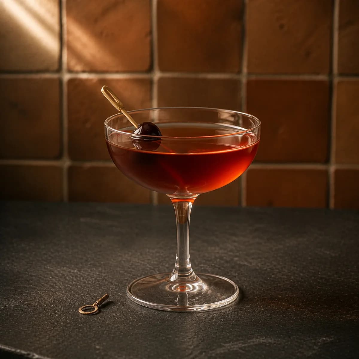 Tequila Manhattan in a clear shallow coupe styled in a contemporary cantina with handmade terracotta zellige, imperfect grout and matte charcoal soapstone.