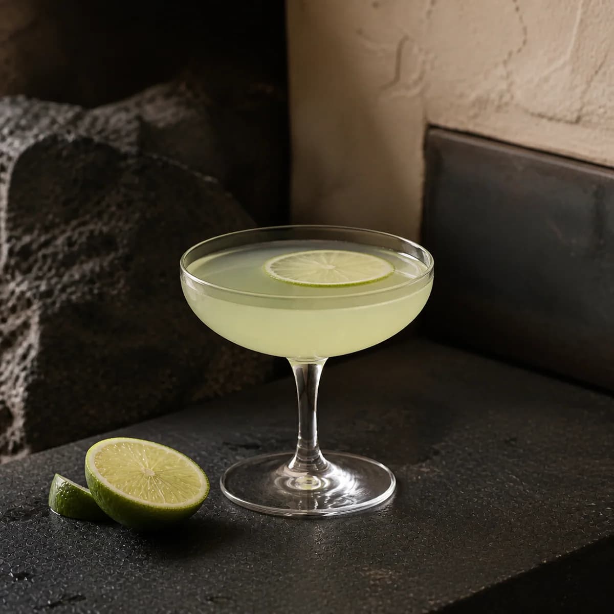 Tequila Mockingbird in a clear shallow coupe styled in a restrained modern mezcalería with blackened steel, pale clay render and rough volcanic stone.