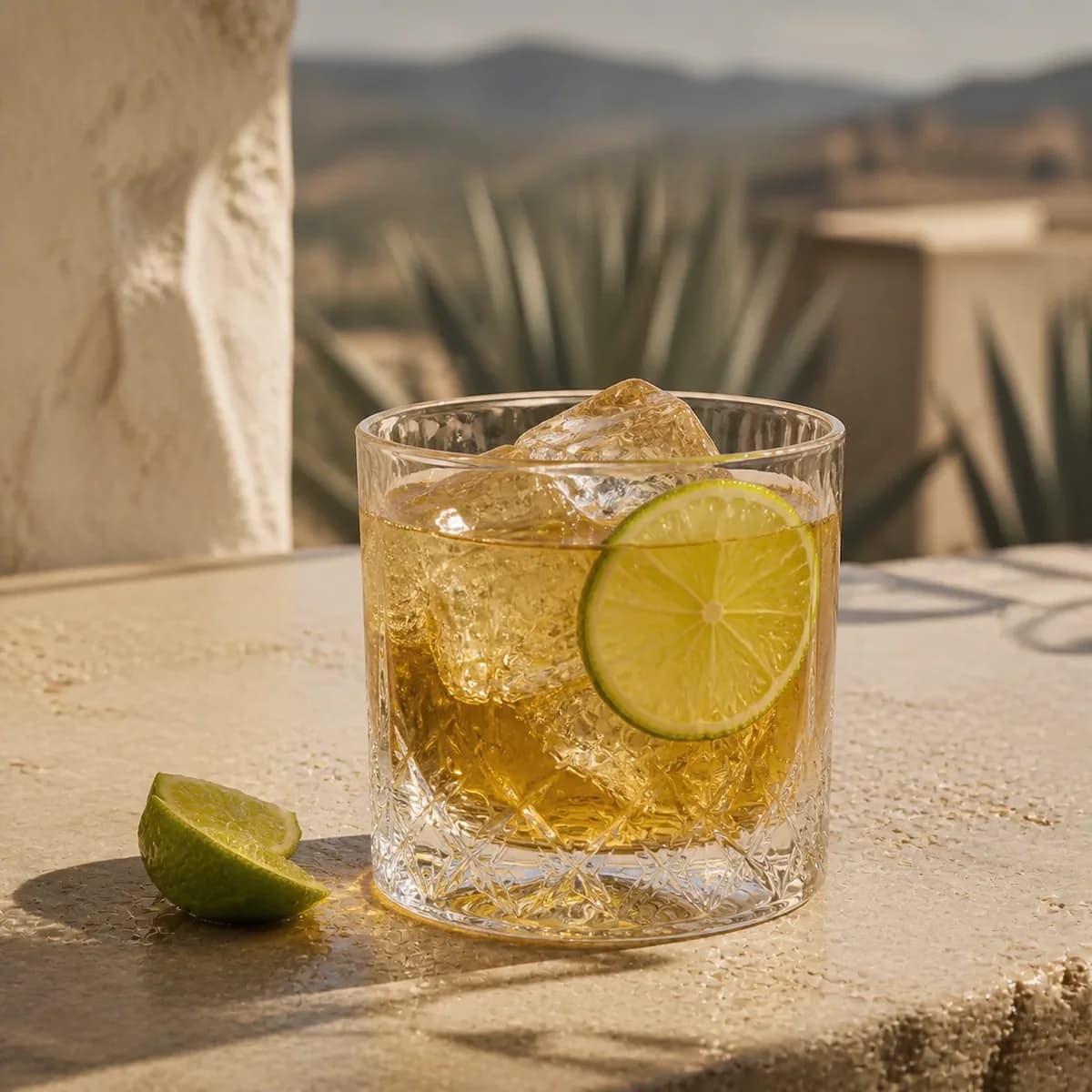 Tequila Sour in a heavy low rocks glass styled in an agave-country rooftop bar with pale volcanic stone, limewashed wall and distant dusty hills.