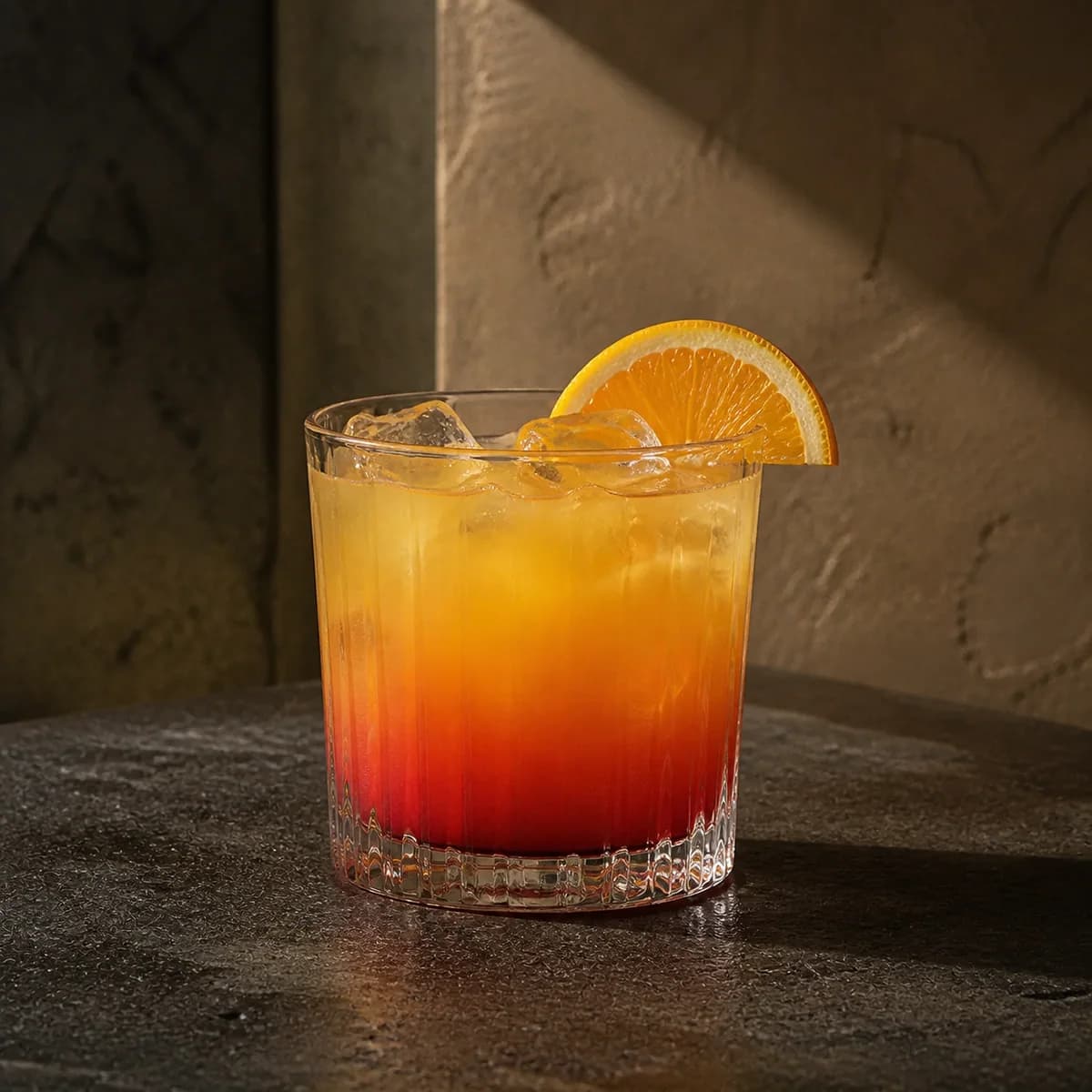 Tequila Sunrise in a tall straight-sided highball glass styled in a restrained modern mezcalería with blackened steel, pale clay render and rough volcanic stone.